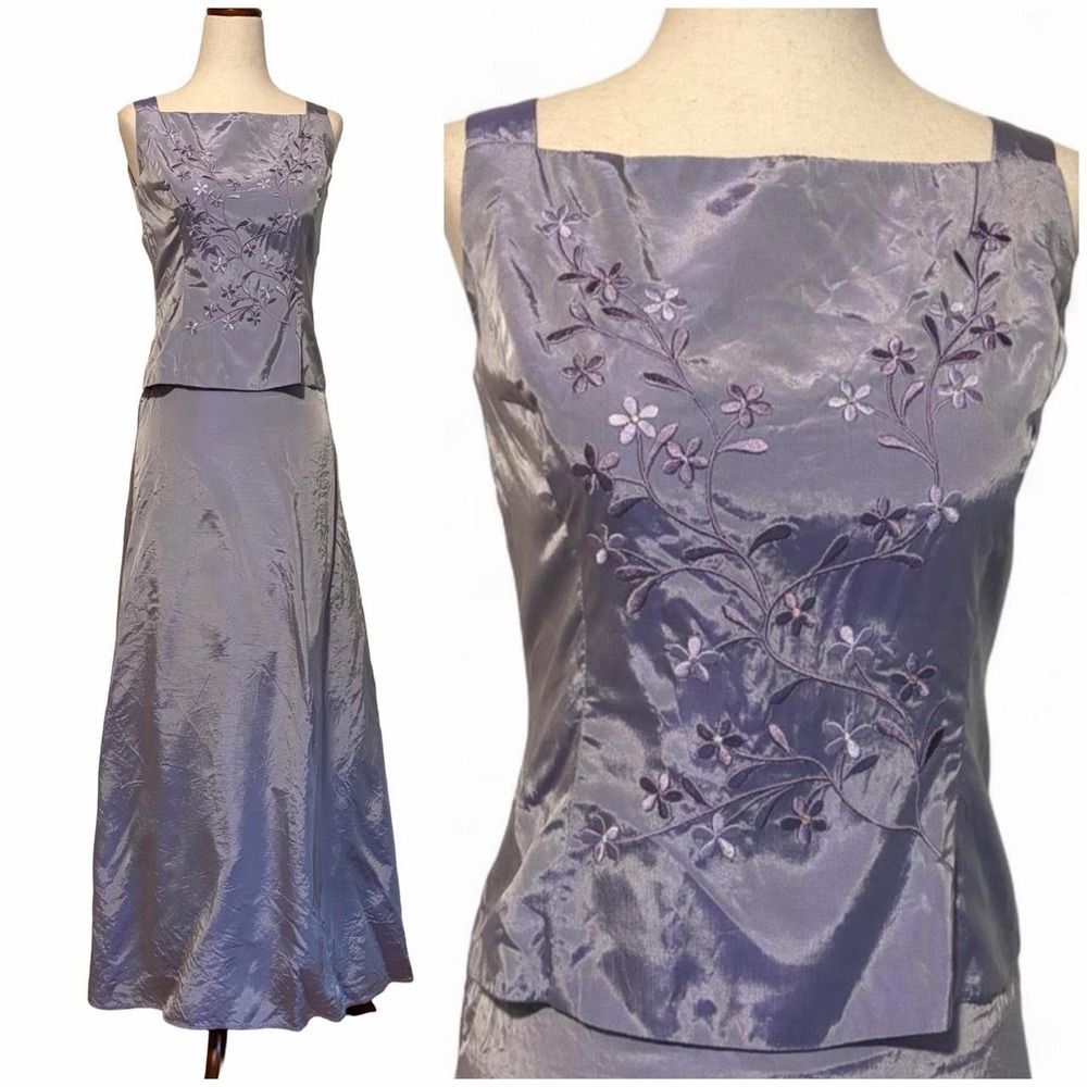 Vintage y2k Jessica McClintock Lavender Satin Embroidered Skirt and Top Set